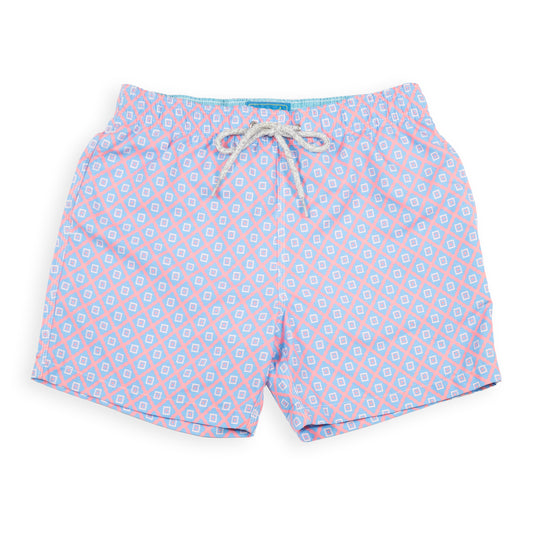 Kid's Diamond Pattern Mesh Swim Trunk - Coral