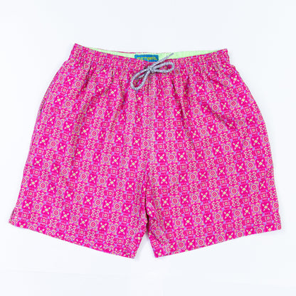 Men's Cyclist Liner Swim Trunks - Coral Square Geo