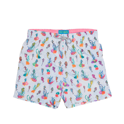 Men's Cyclist Liner Swim Trunks - Light Blue Seahorses/Coral