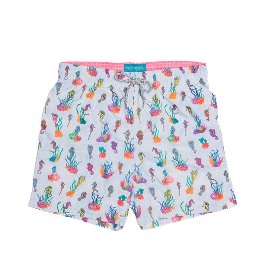 Men's Cyclist Liner Swim Trunks - Light Blue Seahorses/Coral