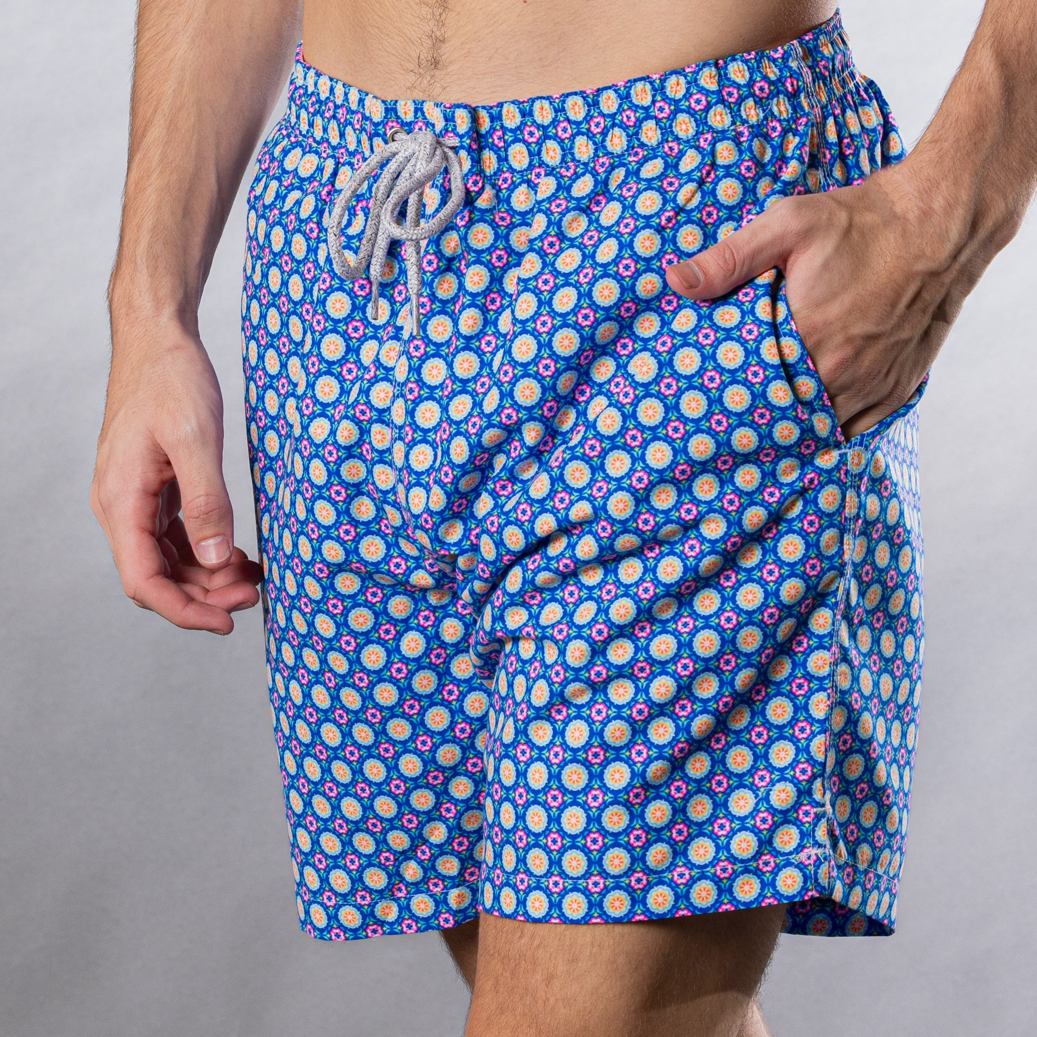 Men s Mesh Liner Swim Trunks Medallion Navy Blue Let s Get This Thread